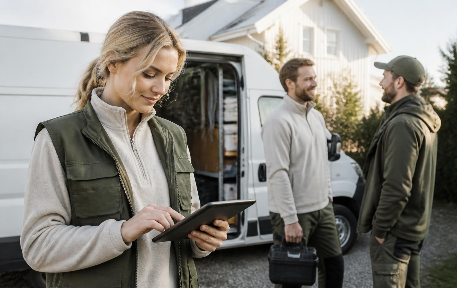 Servicetekniker planerar dagens jobb i en surfplatta framför en servicebil
